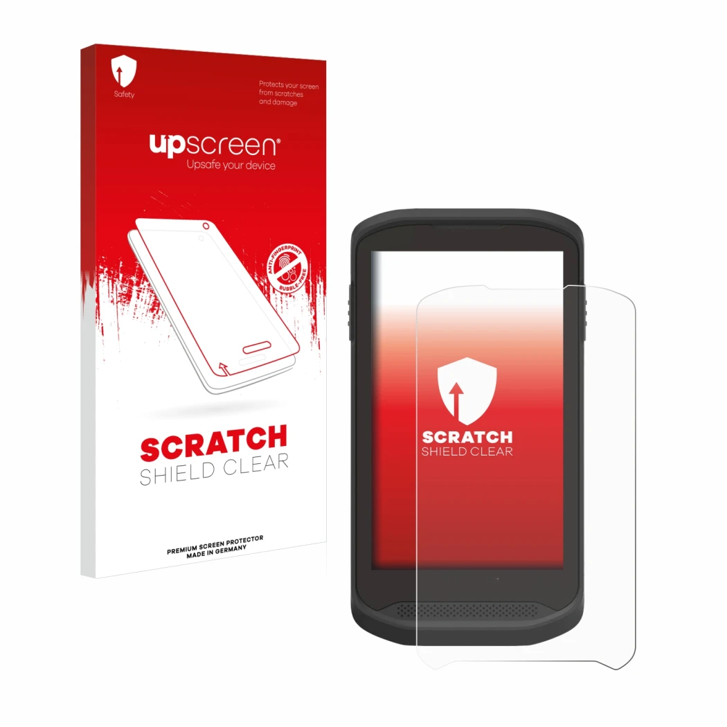 Vorderseite einer Produktverpackung mit dem Markenlogo upscreen. Daneben ist das Gerät Zebra TC25 mit dem zugehörigen Displays