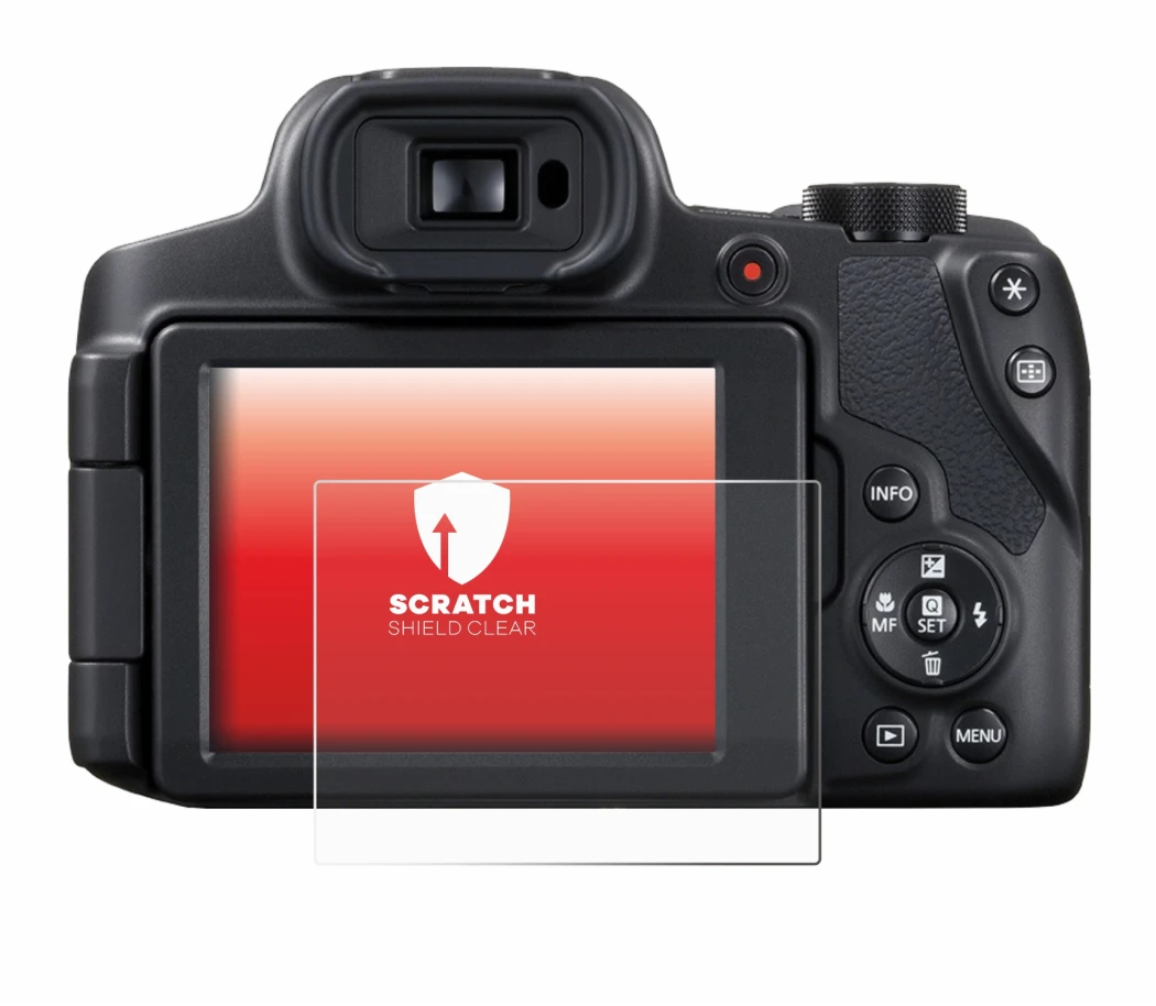 Abbildung des Geräts Canon PowerShot SX70 HS mit einer Vielzahl des Displayschutzes.