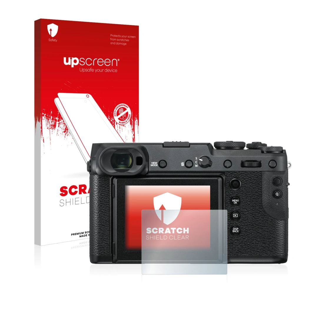 Vorderseite einer Produktverpackung mit dem Markenlogo upscreen. Daneben ist das Gerät Fujifilm GFX 50R mit dem zugehörigen Di