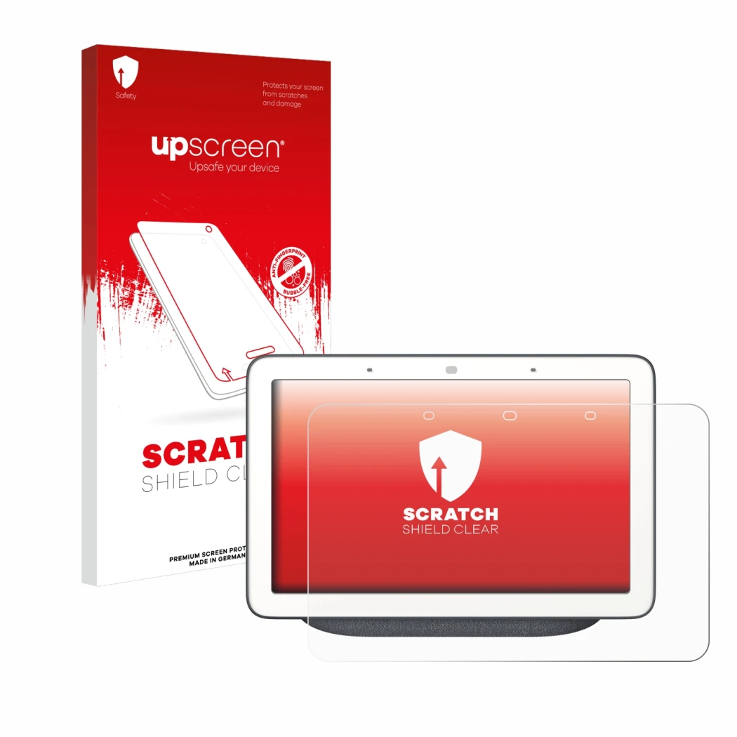 Vorderseite einer Produktverpackung mit dem Markenlogo upscreen. Daneben ist das Gerät Google Home Hub mit dem zugehörigen Dis