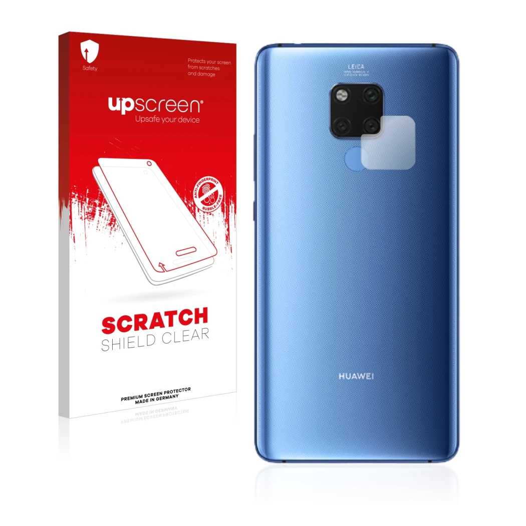 Vorderseite einer Produktverpackung mit dem Markenlogo upscreen. Daneben ist das Gerät Huawei Mate 20 X (NUR Kameraschutz) mit
