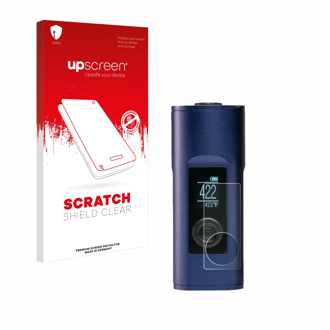 Vorderseite einer Produktverpackung mit dem Markenlogo upscreen. Daneben ist das Gerät Arizer Solo 2 mit dem zugehörigen Displ