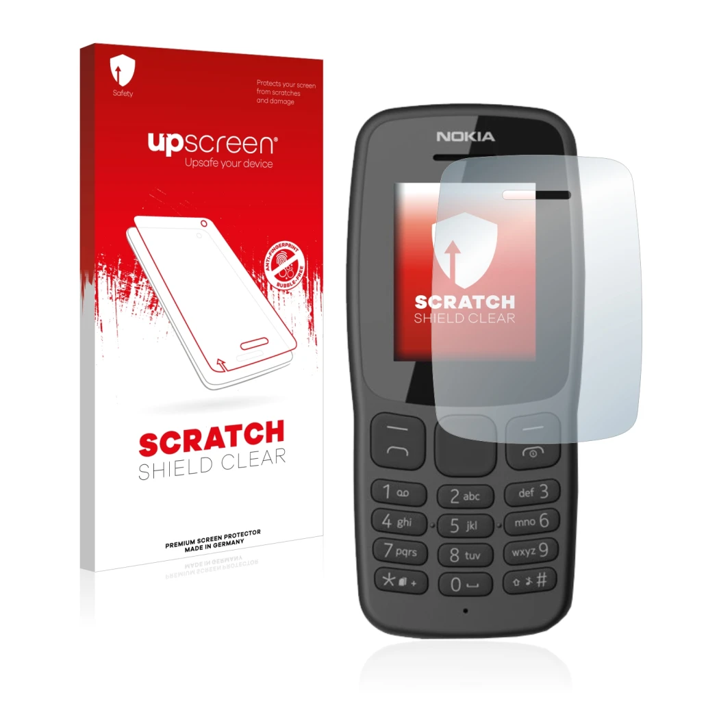 Vorderseite einer Produktverpackung mit dem Markenlogo upscreen. Daneben ist das Gerät Nokia 106 2018 mit dem zugehörigen Disp