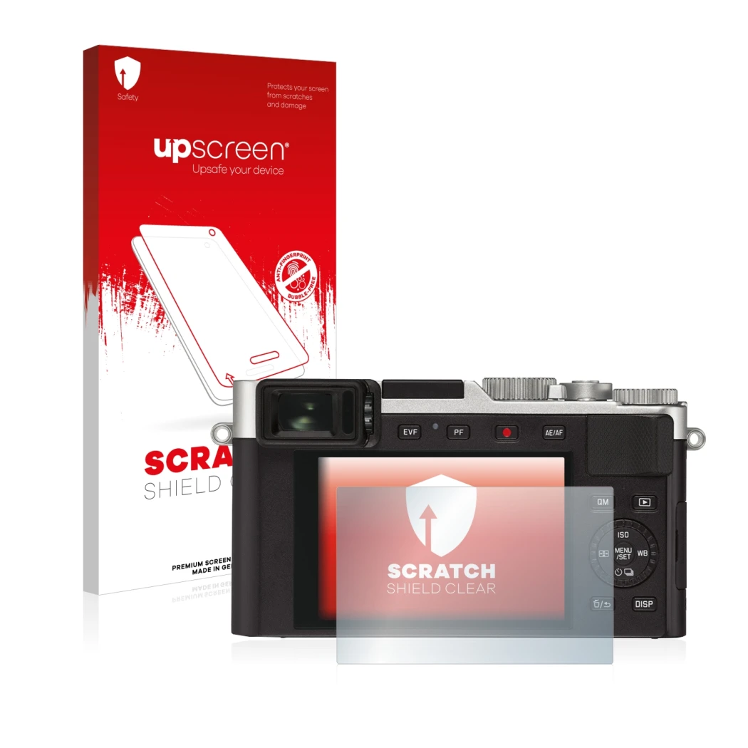 Vorderseite einer Produktverpackung mit dem Markenlogo upscreen. Daneben ist das Gerät Leica D-Lux 7 mit dem zugehörigen Displ