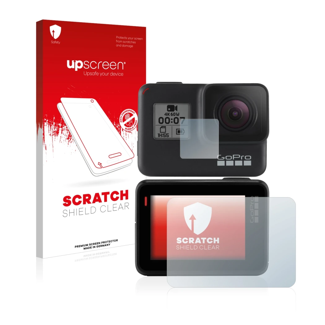 Vorderseite einer Produktverpackung mit dem Markenlogo upscreen. Daneben ist das Gerät GoPro Hero 7 Black mit dem zugehörigen 