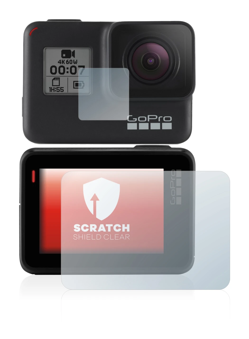 Abbildung des Geräts GoPro Hero 7 Black mit einer Vielzahl des Displayschutzes.