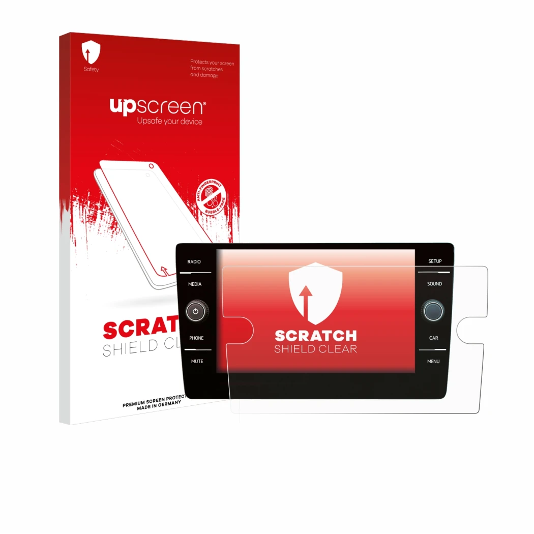 Vorderseite einer Produktverpackung mit dem Markenlogo upscreen. Daneben ist das Gerät Volkswagen Golf 7 2019 Discover Media 8