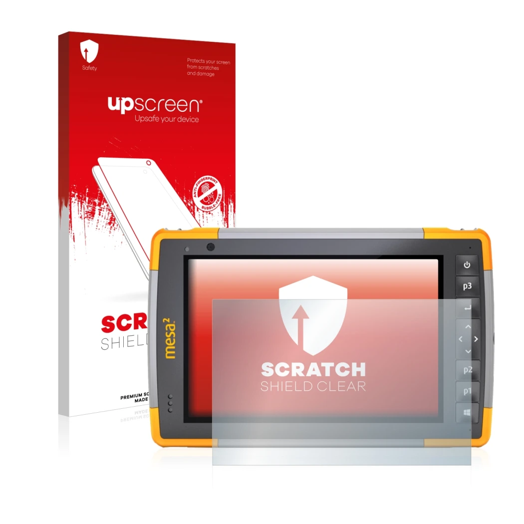 Vorderseite einer Produktverpackung mit dem Markenlogo upscreen. Daneben ist das Gerät Juniper Systems Mesa 2 Rugged Tablet mi