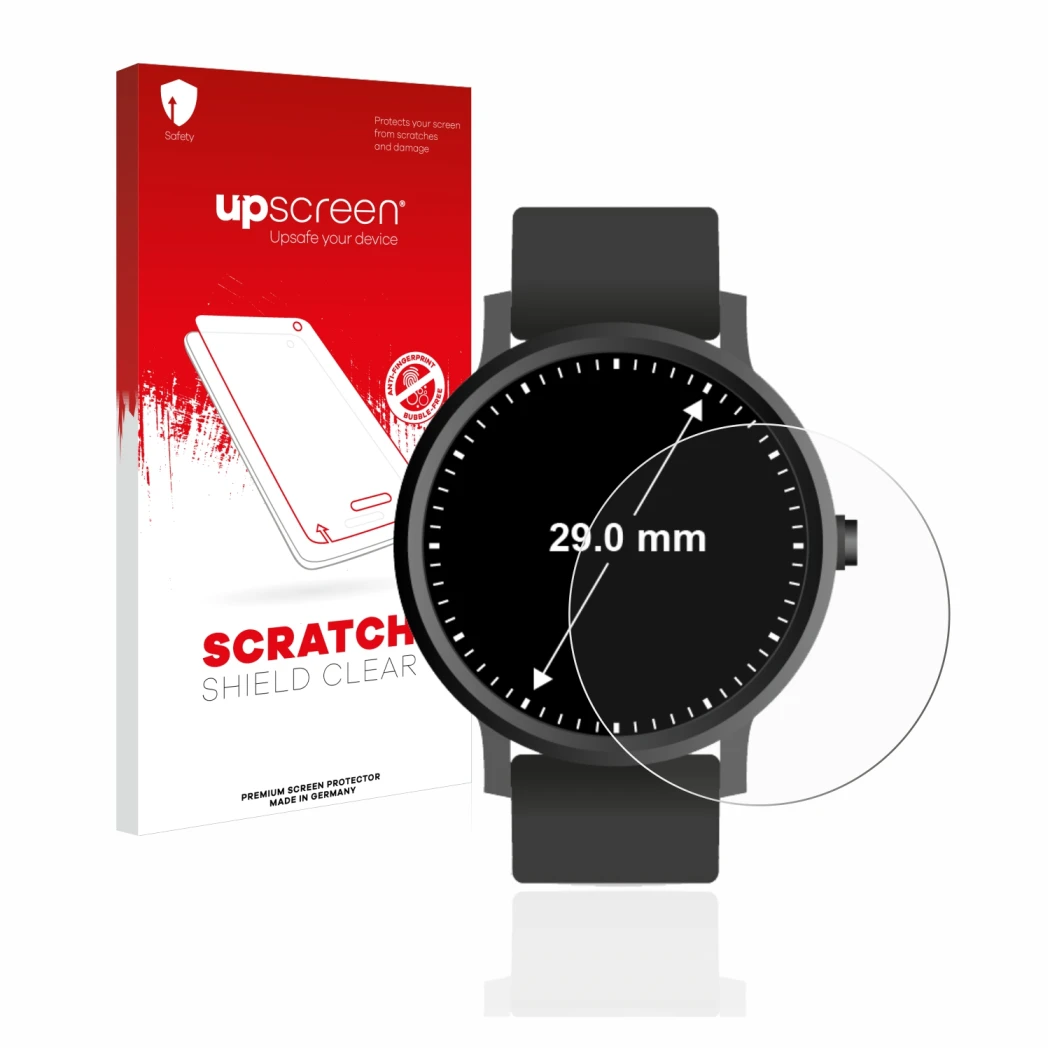 Vorderseite einer Produktverpackung mit dem Markenlogo upscreen. Daneben ist das Gerät Kreisrunde Displays (ø: 29 mm) mit dem