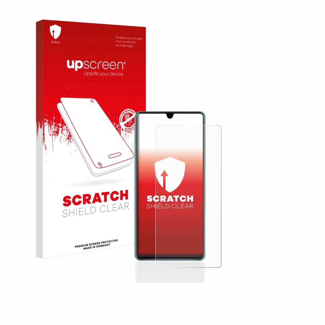 Vorderseite einer Produktverpackung mit dem Markenlogo upscreen. Daneben ist das Gerät Huawei P30 mit dem zugehörigen Displays