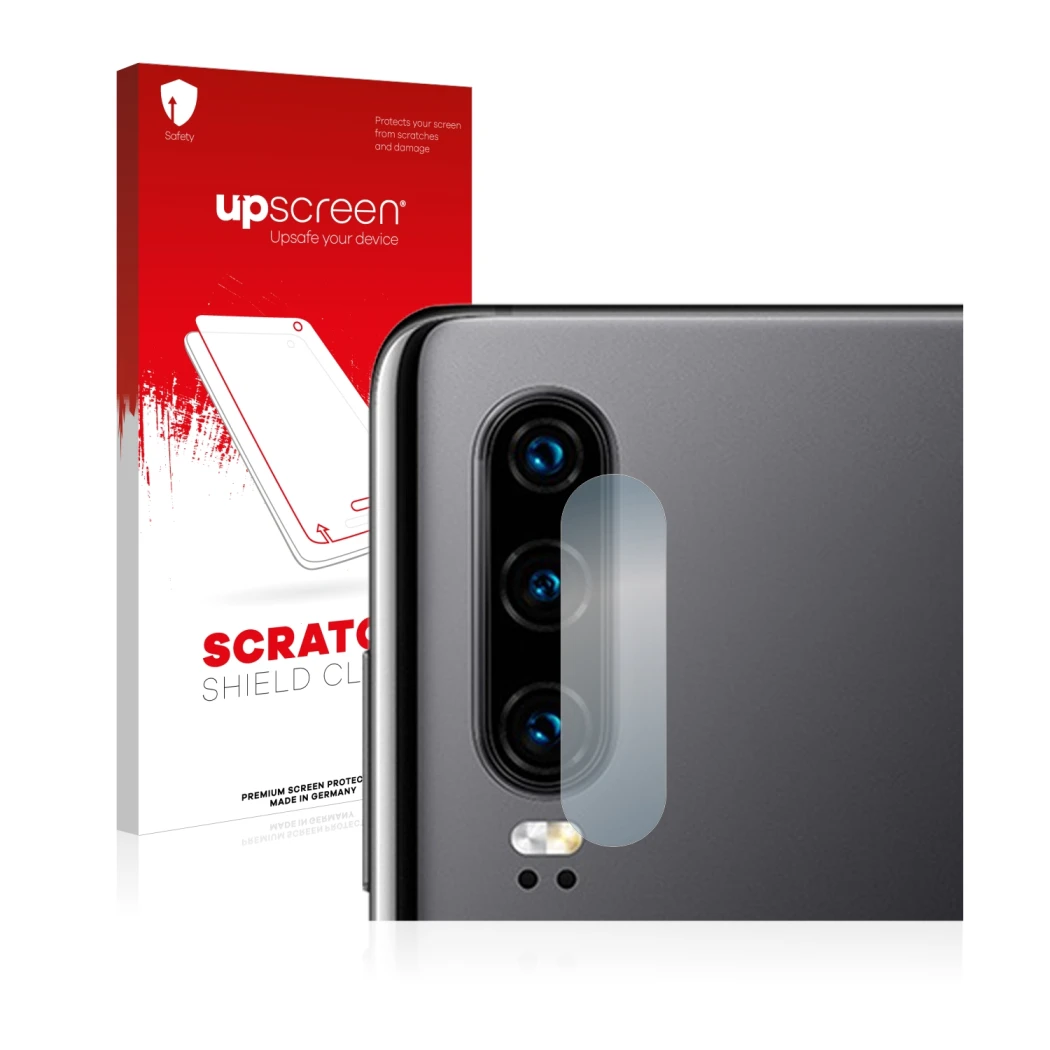 Vorderseite einer Produktverpackung mit dem Markenlogo upscreen. Daneben ist das Gerät Huawei P30 (NUR Kameraschutz) mit dem z
