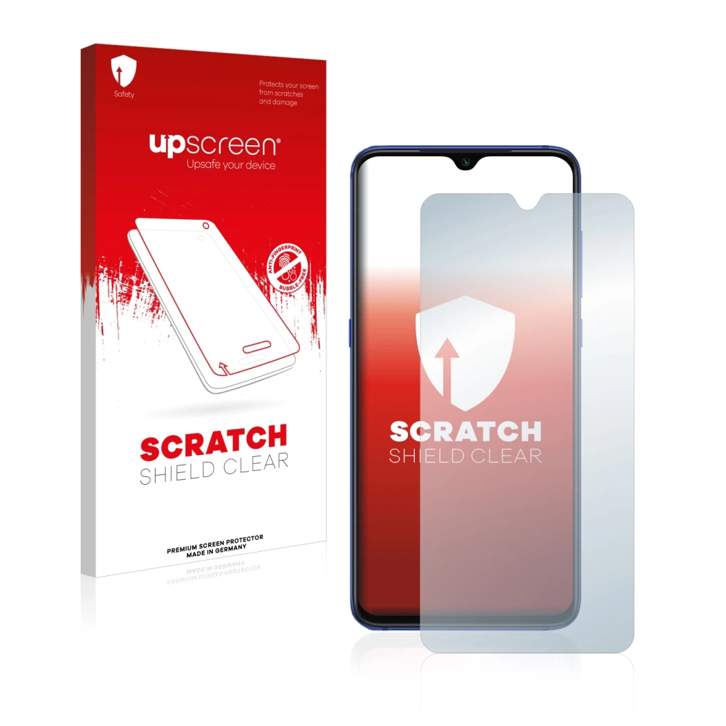 Vorderseite einer Produktverpackung mit dem Markenlogo upscreen. Daneben ist das Gerät Xiaomi Mi 9 mit dem zugehörigen Display