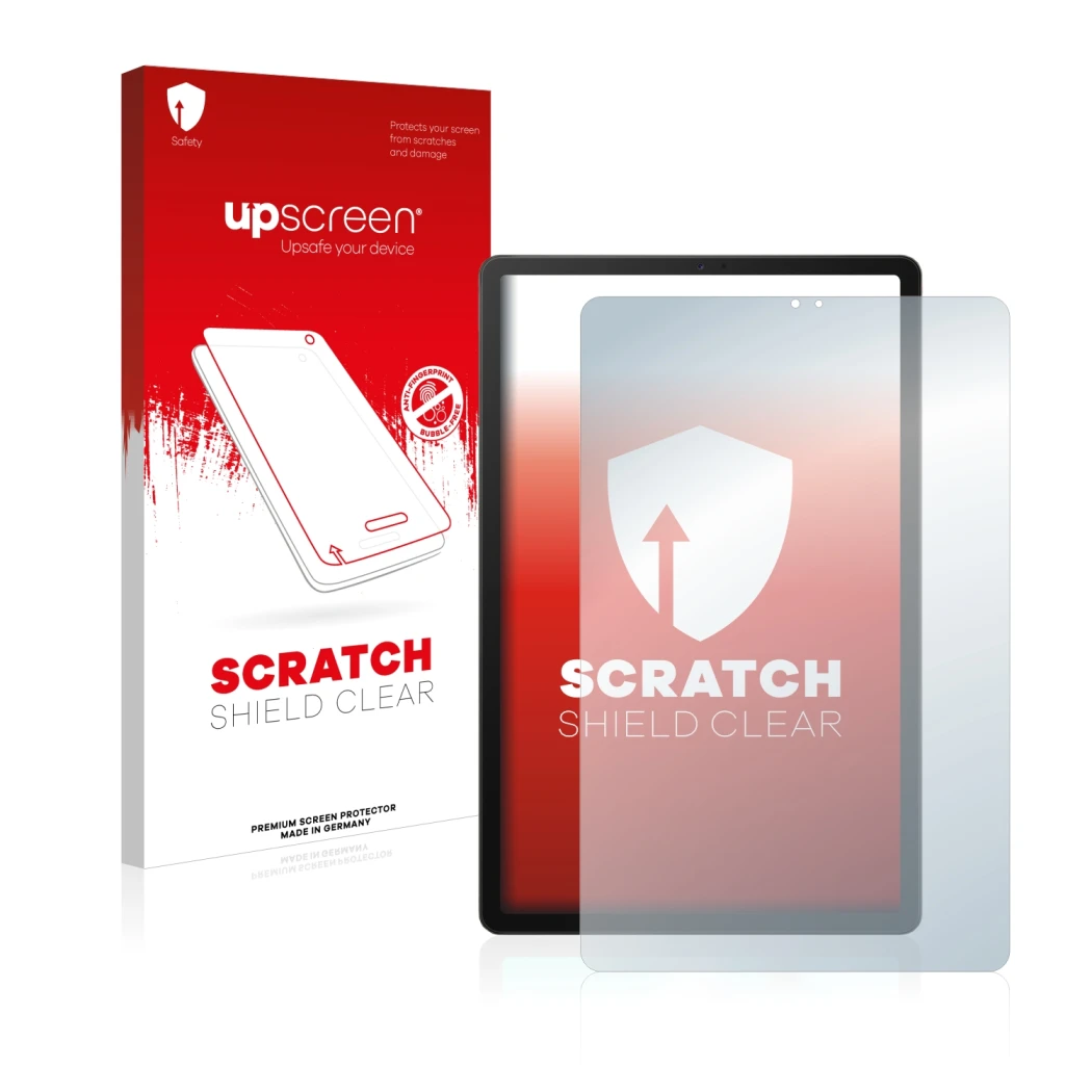 Vorderseite einer Produktverpackung mit dem Markenlogo upscreen. Daneben ist das Gerät Samsung Galaxy Tab S5e LTE 2019 mit dem