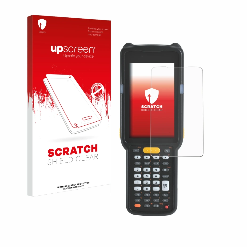 Vorderseite einer Produktverpackung mit dem Markenlogo upscreen. Daneben ist das Gerät Zebra MC330 mit dem zugehörigen Display