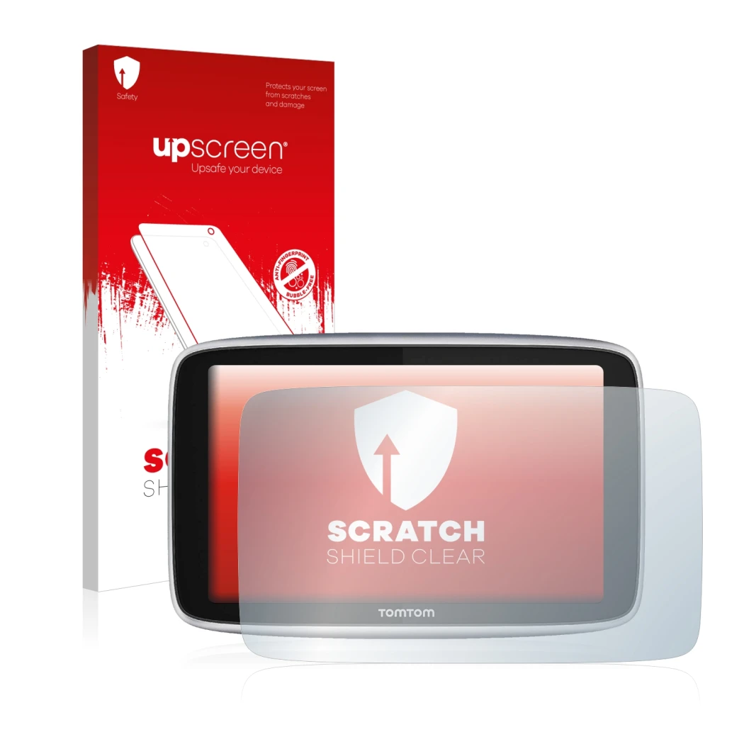 Vorderseite einer Produktverpackung mit dem Markenlogo upscreen. Daneben ist das Gerät TomTom GO Premium X mit dem zugehörigen