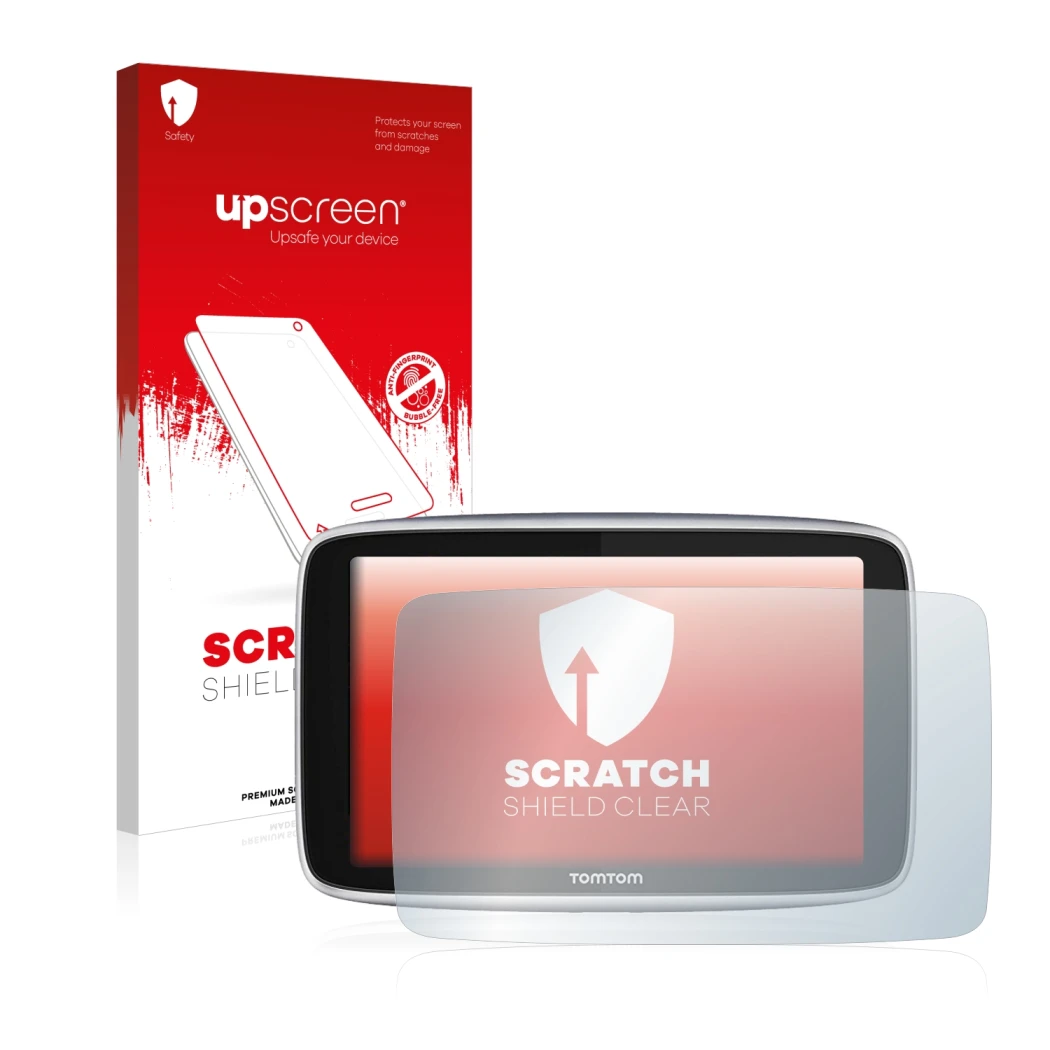 Vorderseite einer Produktverpackung mit dem Markenlogo upscreen. Daneben ist das Gerät TomTom GO Premium (5