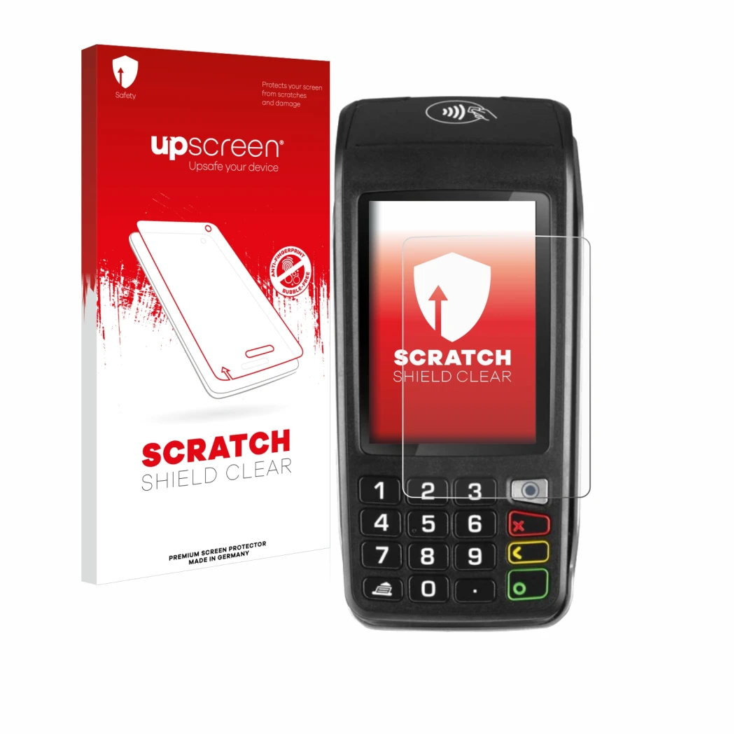 Vorderseite einer Produktverpackung mit dem Markenlogo upscreen. Daneben ist das Gerät ingenico Move/5000 mit dem zugehörigen