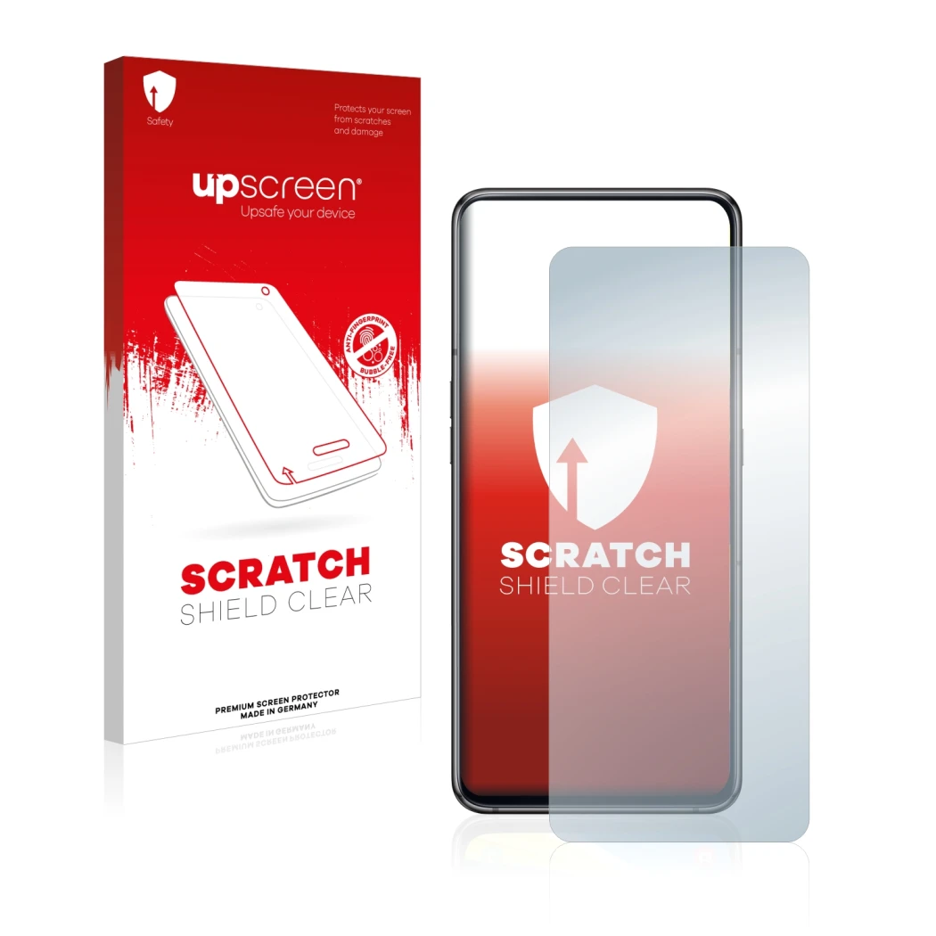 Vorderseite einer Produktverpackung mit dem Markenlogo upscreen. Daneben ist das Gerät Samsung Galaxy A80 mit dem zugehörigen