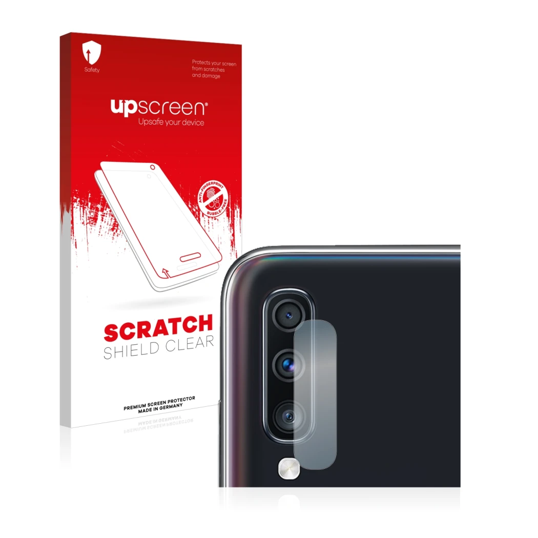 Vorderseite einer Produktverpackung mit dem Markenlogo upscreen. Daneben ist das Gerät Samsung Galaxy A70 (NUR Kameraschutz) m