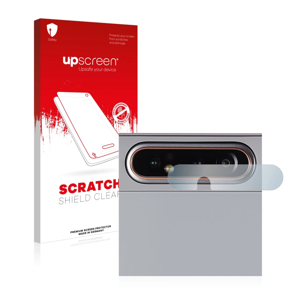 Vorderseite einer Produktverpackung mit dem Markenlogo upscreen. Daneben ist das Gerät Samsung Galaxy A80 (NUR Kameraschutz) m