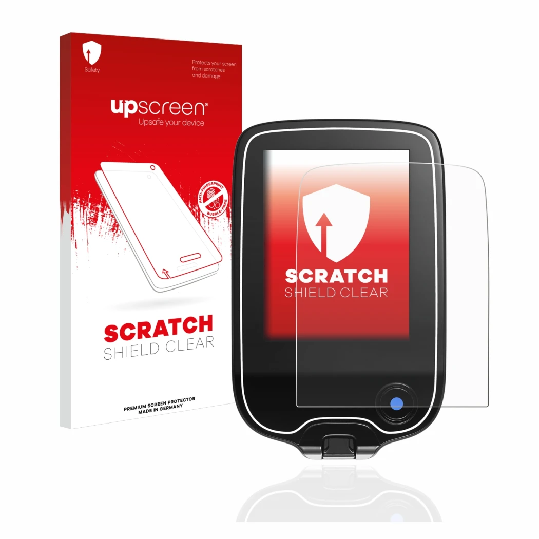 Vorderseite einer Produktverpackung mit dem Markenlogo upscreen. Daneben ist das Gerät Freestyle Libre 2 mit dem zugehörigen D