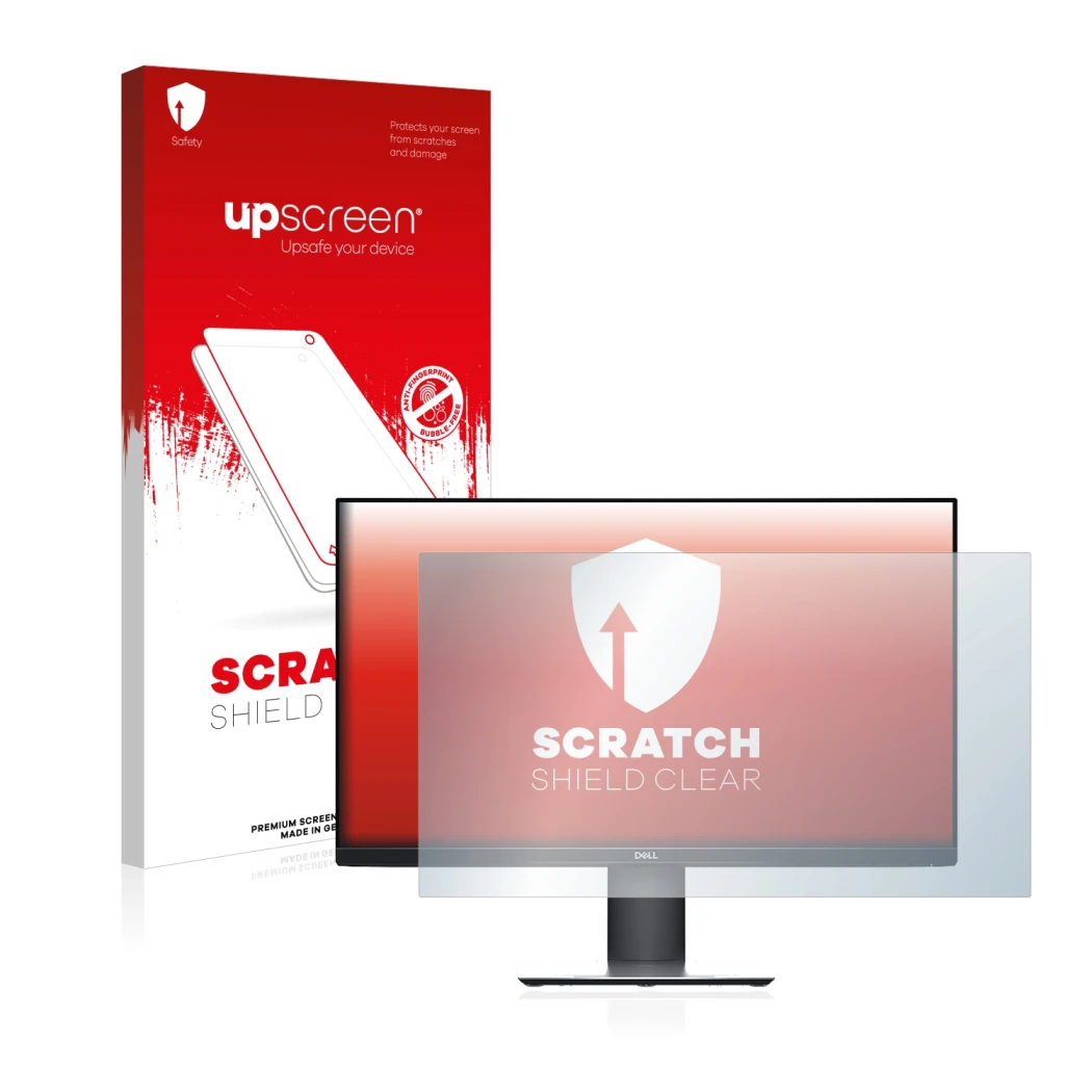 Vorderseite einer Produktverpackung mit dem Markenlogo upscreen. Daneben ist das Gerät Dell P2719H mit dem zugehörigen Display