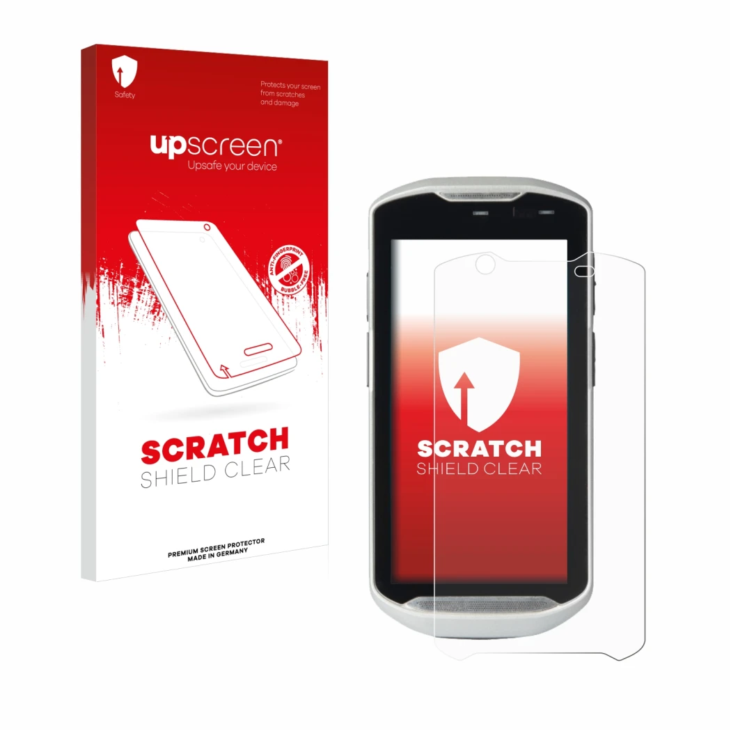 Vorderseite einer Produktverpackung mit dem Markenlogo upscreen. Daneben ist das Gerät Zebra TC52-HC mit dem zugehörigen Displ
