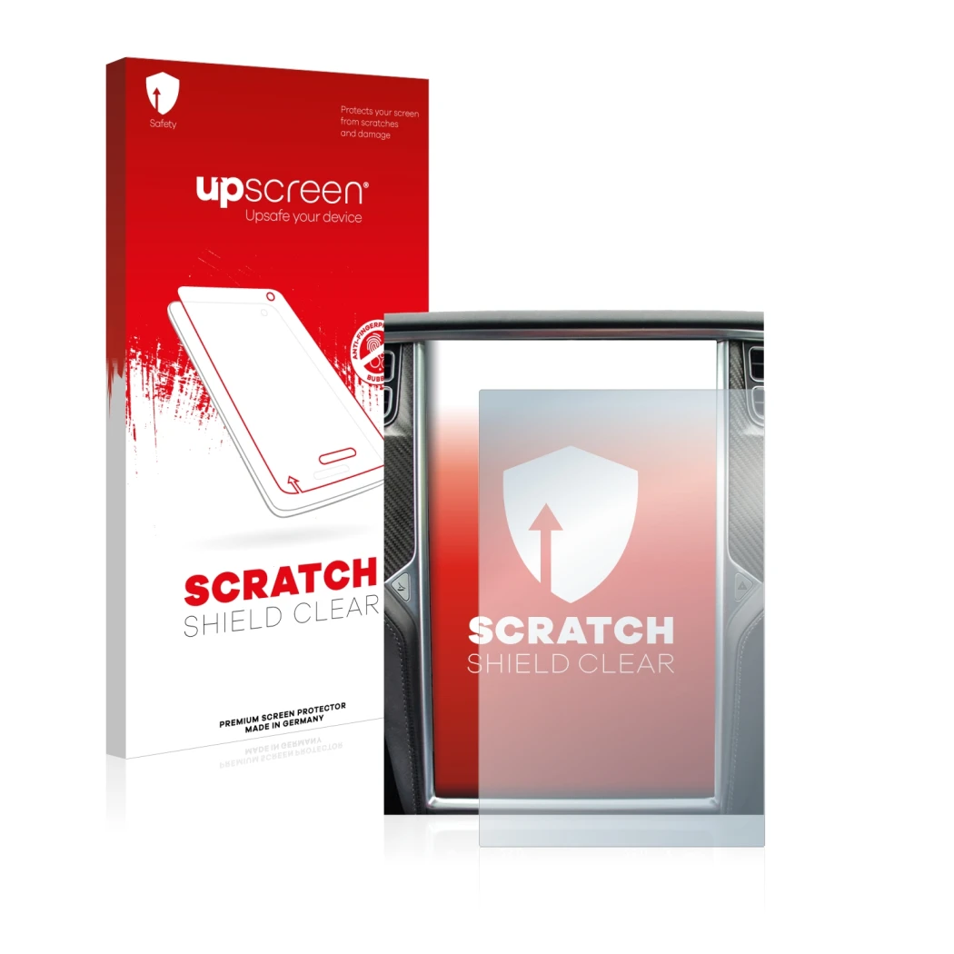 Vorderseite einer Produktverpackung mit dem Markenlogo upscreen. Daneben ist das Gerät Tesla Model X mit dem zugehörigen Displ