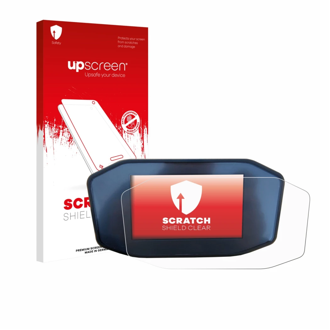 Vorderseite einer Produktverpackung mit dem Markenlogo upscreen. Daneben ist das Gerät KTM 1290 Super Duke R mit dem zugehörig