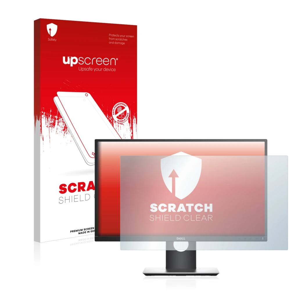 Vorderseite einer Produktverpackung mit dem Markenlogo upscreen. Daneben ist das Gerät Dell P2419H mit dem zugehörigen Display