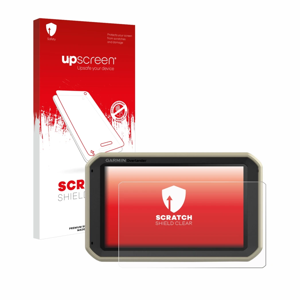 Vorderseite einer Produktverpackung mit dem Markenlogo upscreen. Daneben ist das Gerät Garmin Overlander mit dem zugehörigen D