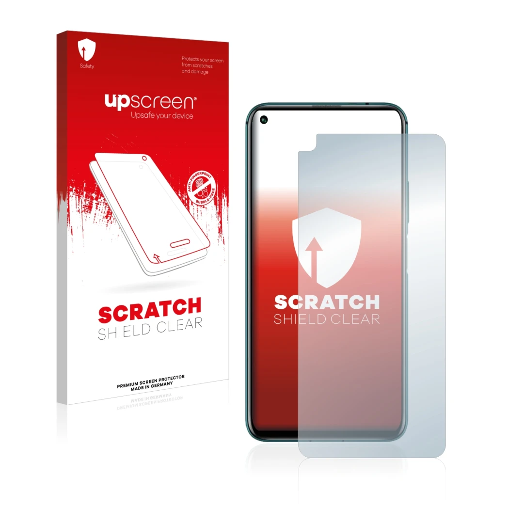 Vorderseite einer Produktverpackung mit dem Markenlogo upscreen. Daneben ist das Gerät Honor 20 Pro mit dem zugehörigen Displa