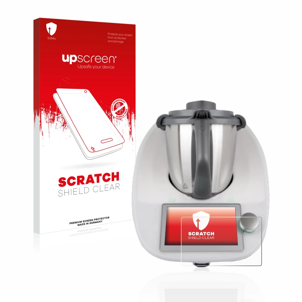 Vorderseite einer Produktverpackung mit dem Markenlogo upscreen. Daneben ist das Gerät Vorwerk Bimby TM6 mit dem zugehörigen D