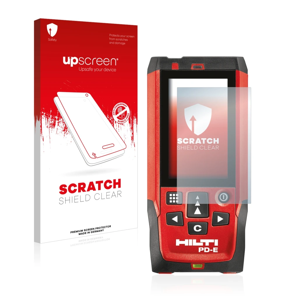 Vorderseite einer Produktverpackung mit dem Markenlogo upscreen. Daneben ist das Gerät Hilti PD-E mit dem zugehörigen Displays