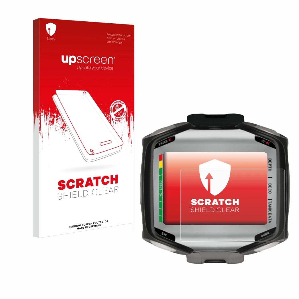 Vorderseite einer Produktverpackung mit dem Markenlogo upscreen. Daneben ist das Gerät Mares Quad mit dem zugehörigen Displays