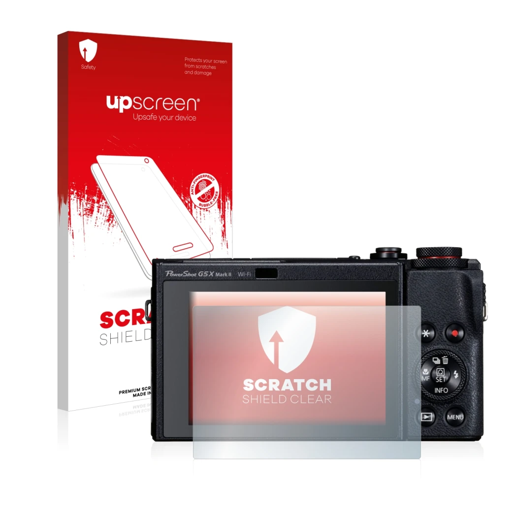 Vorderseite einer Produktverpackung mit dem Markenlogo upscreen. Daneben ist das Gerät Canon PowerShot G5 X Mark II mit dem zu