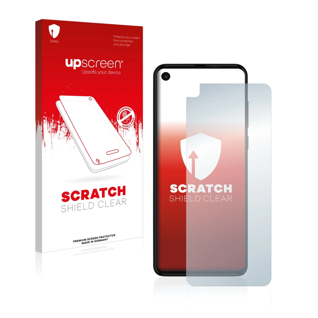 Vorderseite einer Produktverpackung mit dem Markenlogo upscreen. Daneben ist das Gerät Motorola One Action mit dem zugehörigen