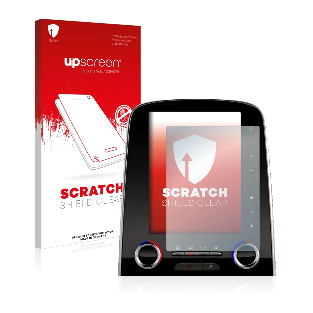 Vorderseite einer Produktverpackung mit dem Markenlogo upscreen. Daneben ist das Gerät Renault Espace R-Link 2 8.7