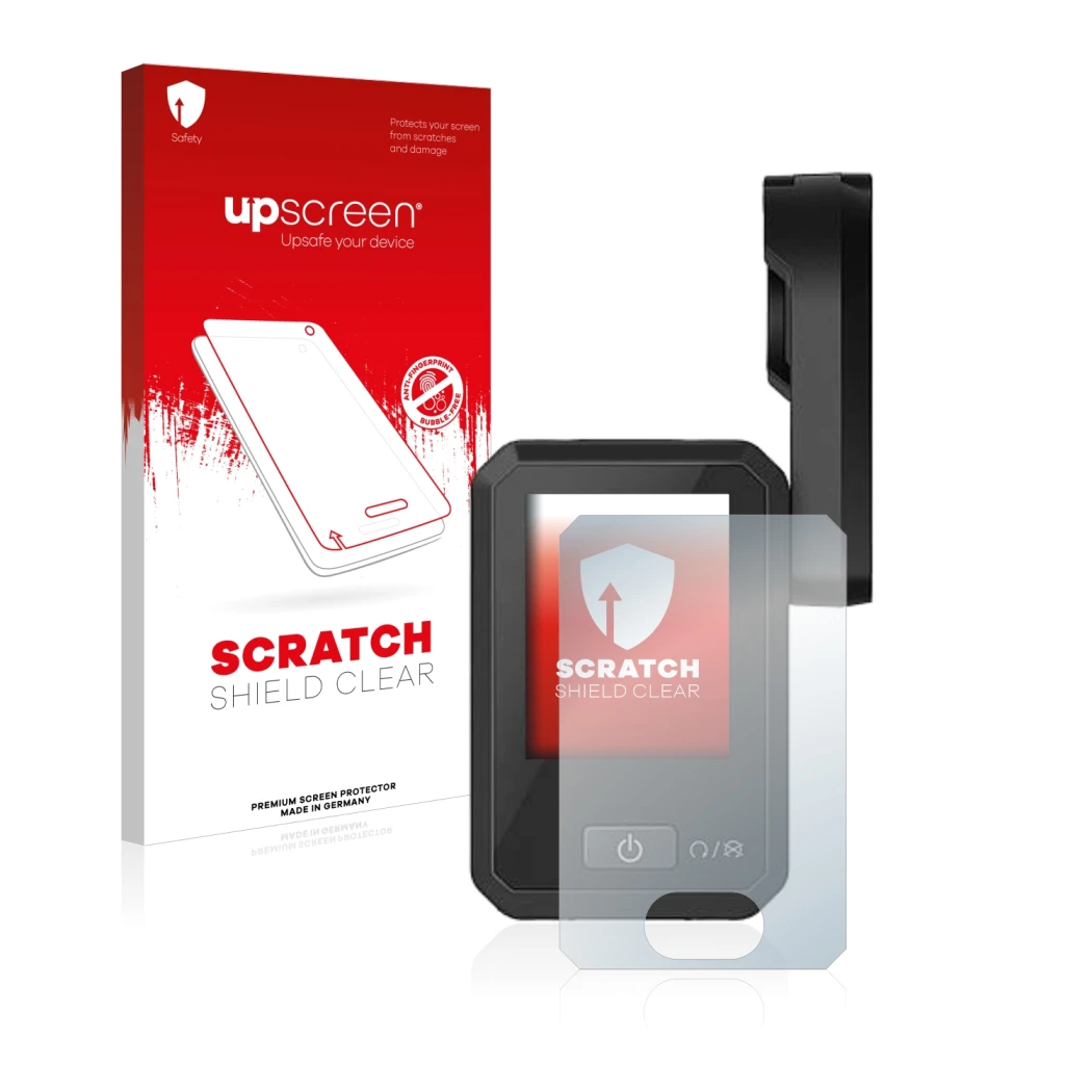 Vorderseite einer Produktverpackung mit dem Markenlogo upscreen. Daneben ist das Gerät Flyer Display D0 mit dem zugehörigen Di