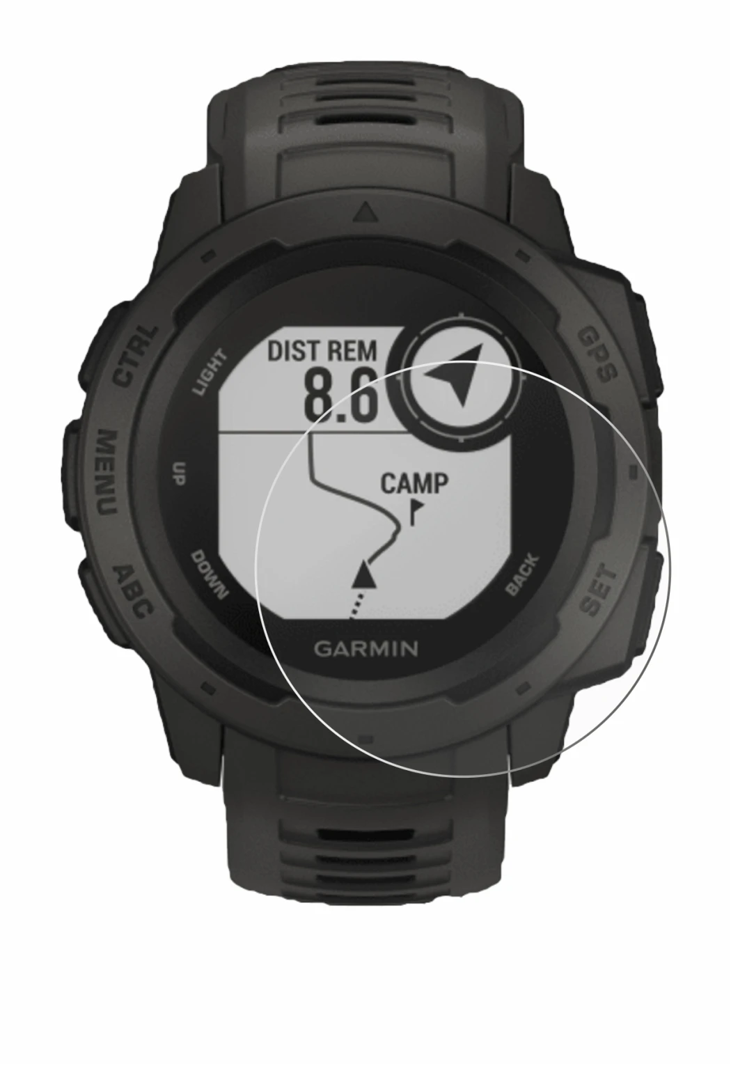 Abbildung des Geräts Garmin Instinct Tactical Edition mit einer Vielzahl des Displayschutzes.