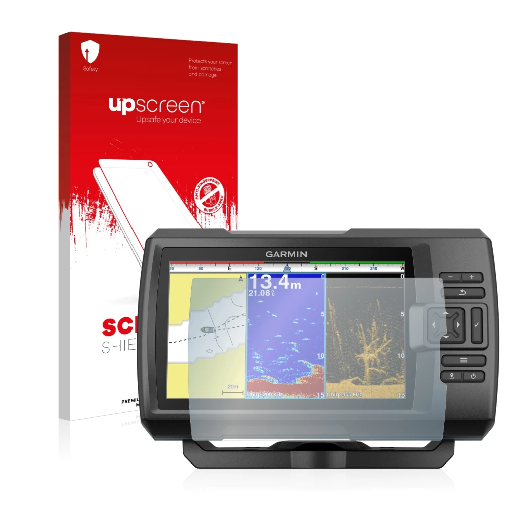 Vorderseite einer Produktverpackung mit dem Markenlogo upscreen. Daneben ist das Gerät Garmin Striker Plus 9sv mit dem zugehör