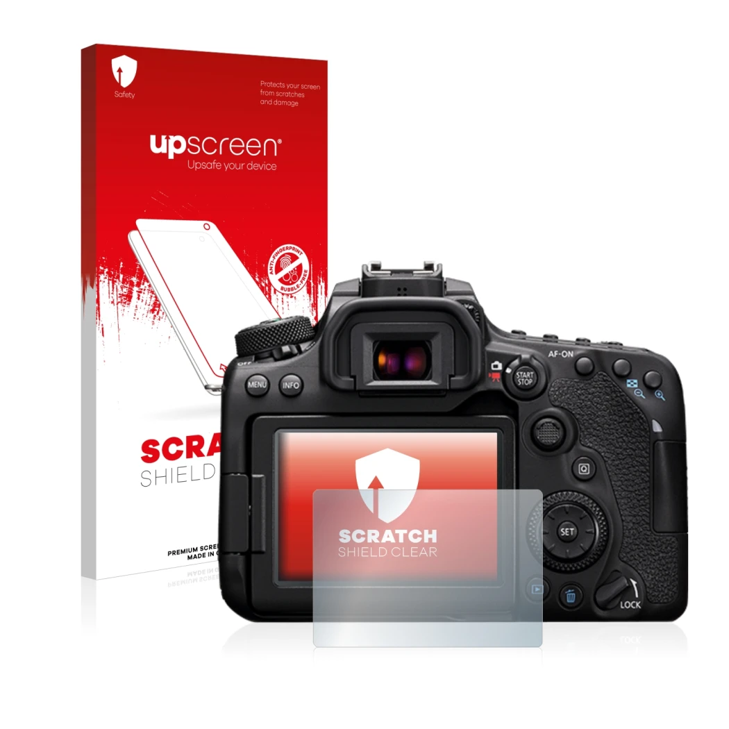 Vorderseite einer Produktverpackung mit dem Markenlogo upscreen. Daneben ist das Gerät Canon EOS 90D mit dem zugehörigen Displ