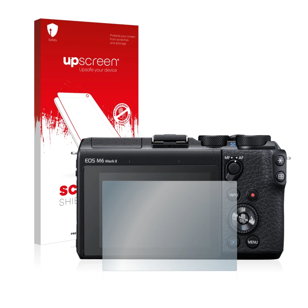 Vorderseite einer Produktverpackung mit dem Markenlogo upscreen. Daneben ist das Gerät Canon EOS M6 Mark II mit dem zugehörige