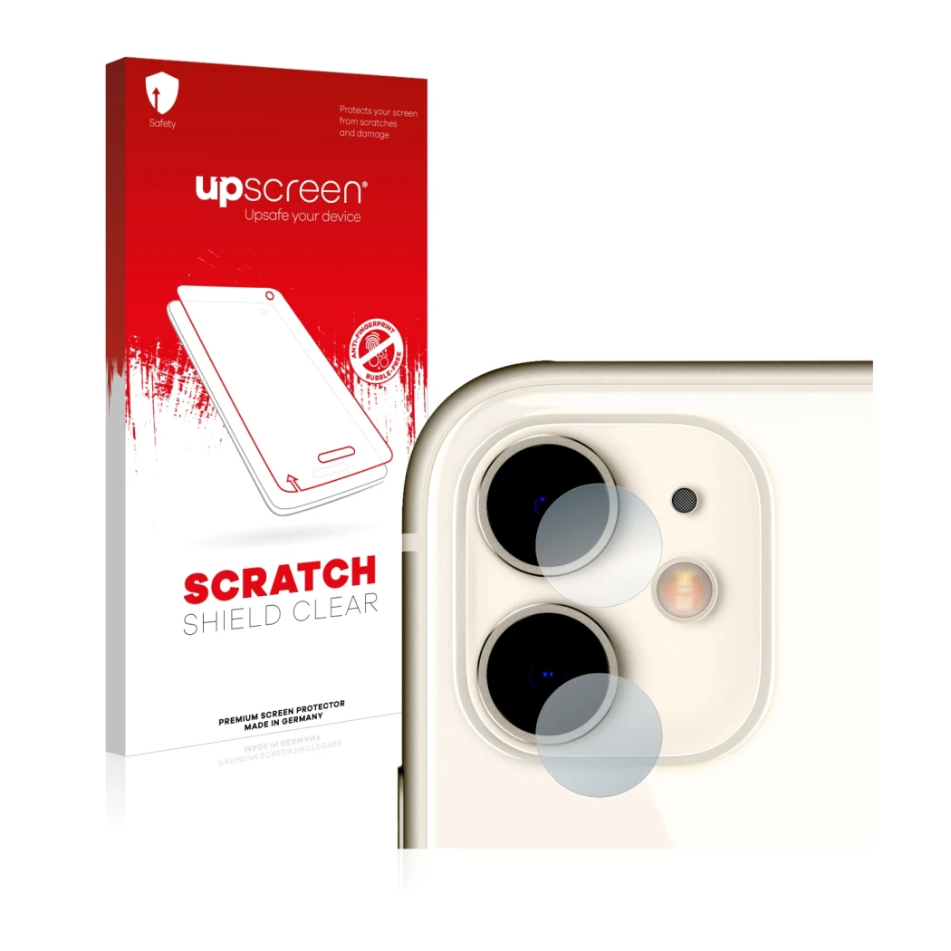 Vorderseite einer Produktverpackung mit dem Markenlogo upscreen. Daneben ist das Gerät Apple iPhone 11 (NUR Kameraschutz) mit 