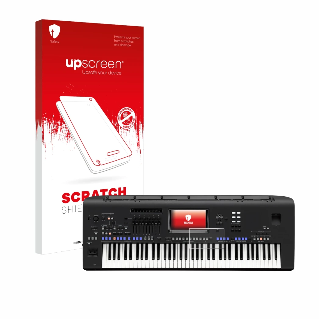 Vorderseite einer Produktverpackung mit dem Markenlogo upscreen. Daneben ist das Gerät Yamaha Genos mit dem zugehörigen Displa
