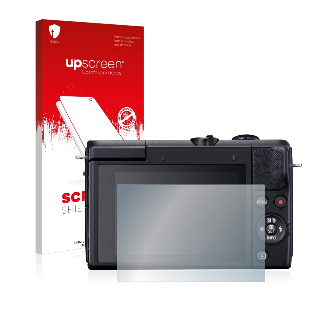 Vorderseite einer Produktverpackung mit dem Markenlogo upscreen. Daneben ist das Gerät Canon EOS M200 mit dem zugehörigen Disp