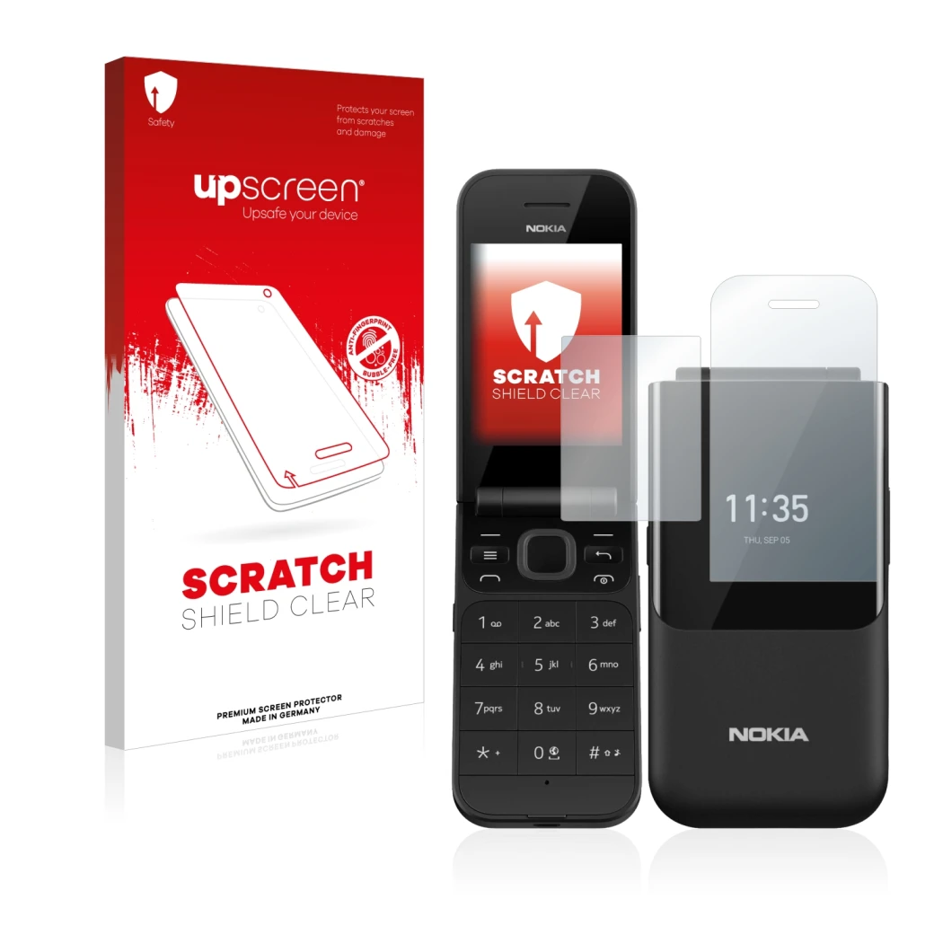 Vorderseite einer Produktverpackung mit dem Markenlogo upscreen. Daneben ist das Gerät Nokia 2720 Flip mit dem zugehörigen Dis