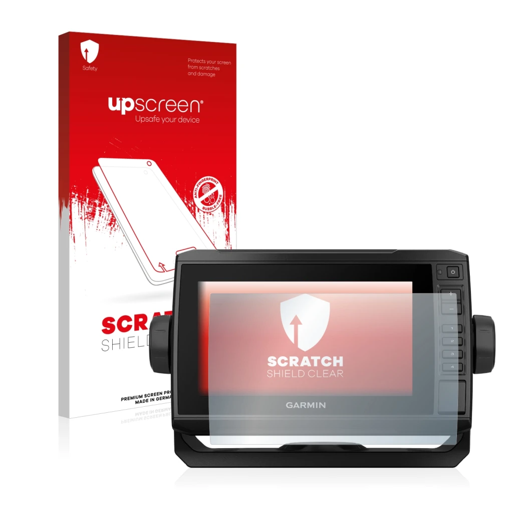 Vorderseite einer Produktverpackung mit dem Markenlogo upscreen. Daneben ist das Gerät Garmin ECHOMAP UHD 72cv mit dem zugehör