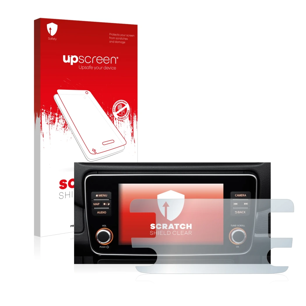 Vorderseite einer Produktverpackung mit dem Markenlogo upscreen. Daneben ist das Gerät Nissan Leaf E Plus Infotainment System