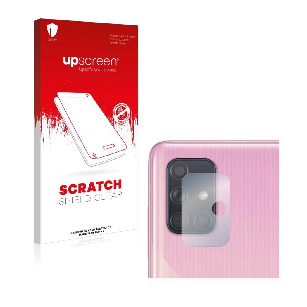 Vorderseite einer Produktverpackung mit dem Markenlogo upscreen. Daneben ist das Gerät Samsung Galaxy A51 (NUR Kameraschutz) m